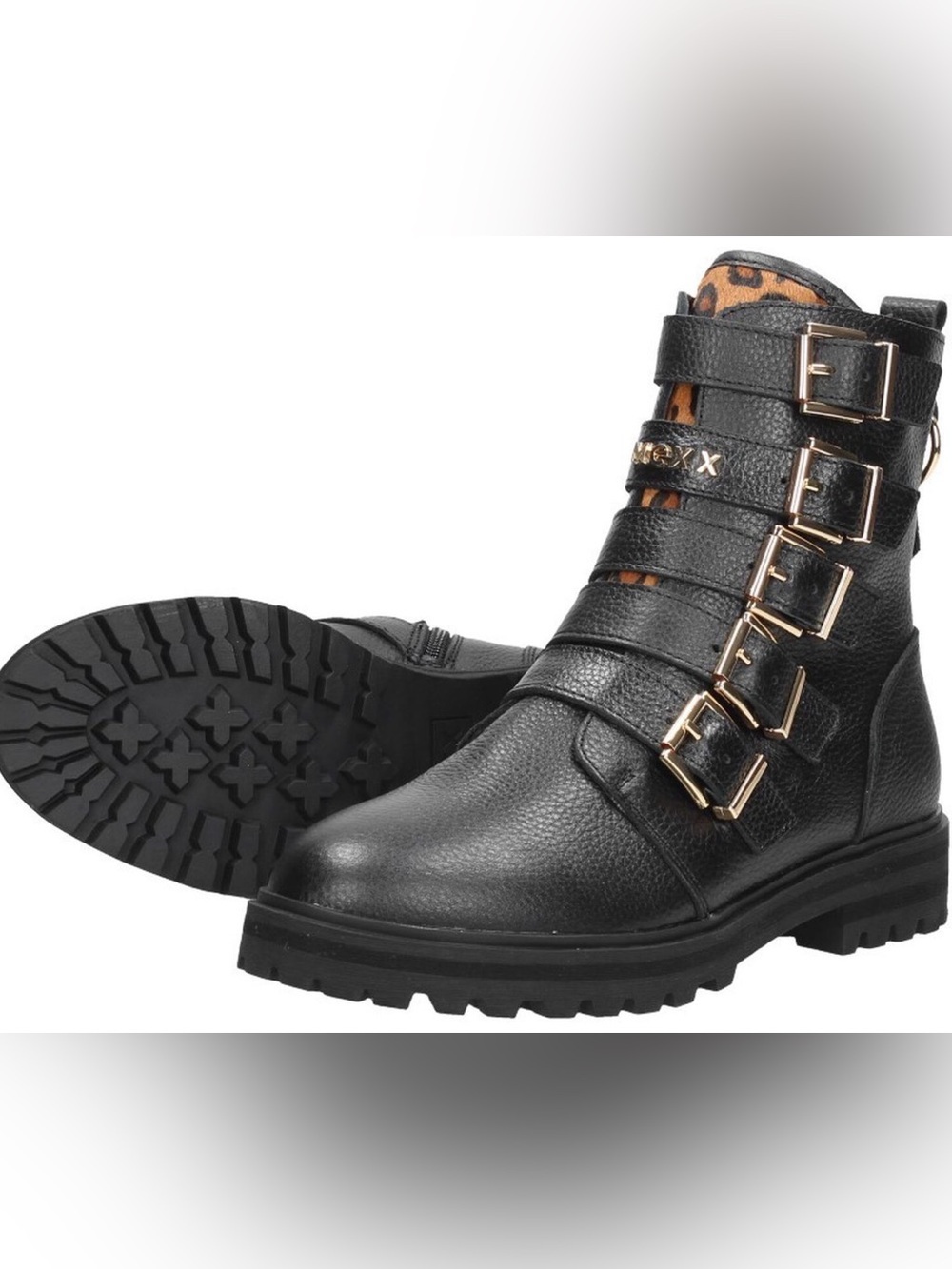 Mexx Black Leather Buckle Combat Boots - Size 6